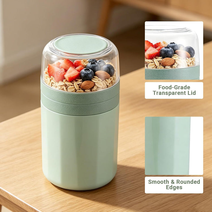 2 Stück Müslibecher mit Löffel, 3-Schicht-Design Auslaufsicher Müsli Becher mit Sossenbox, MüsliTogo