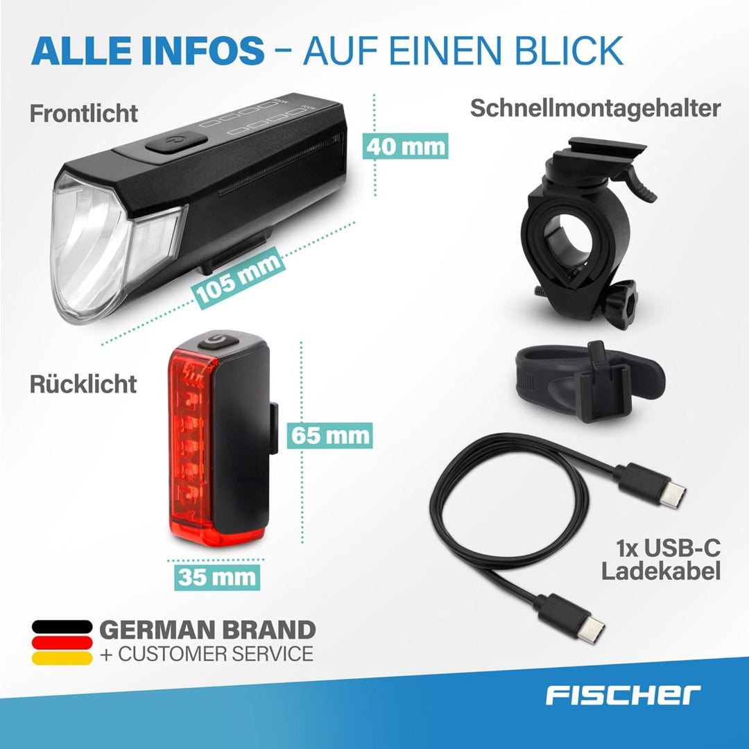 Fischer Twin Fahrradlicht Set, 360° Bodenbeleuchtung, LED Fahrradlampe 80 Lux, Akku aufladbar mit US