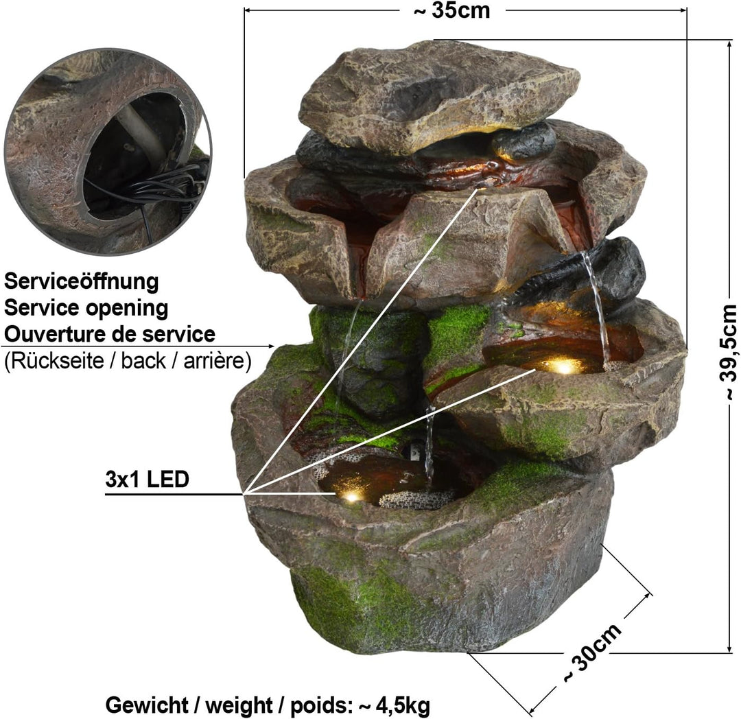 profi-pumpe.de Gartenbrunnen, Zimmerbrunnen Stein-Kaskade Schwarzwald mit Led Licht 230V für Garten,