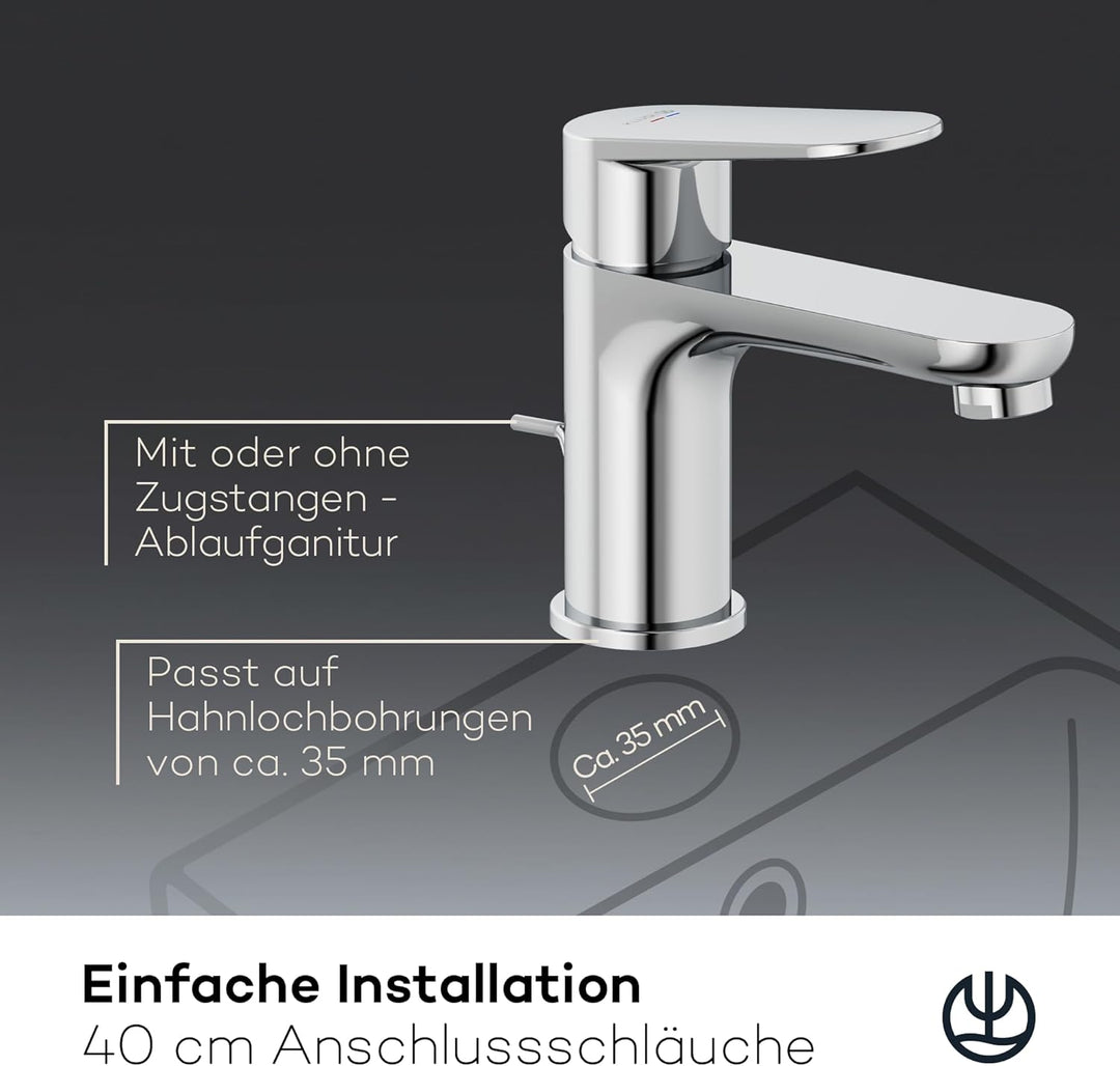 KLUDI-X1 Waschtischarmatur, Auslaufhöhe 75 mm, wassersparender Wasserhahn Bad Grösse S, Keramikkartu