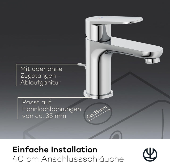 KLUDI-X1 Waschtischarmatur, Auslaufhöhe 75 mm, wassersparender Wasserhahn Bad Grösse S, Keramikkartu