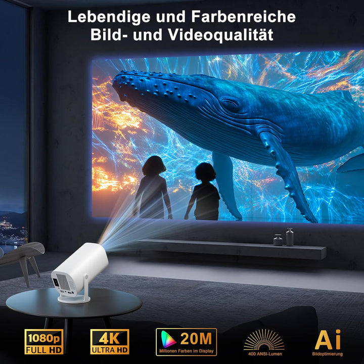 Mini Beamer, Smart Projektor Full HD 1080P, Klein Beamer Heimkino mit WiFi 6 und Bluetooth 5.2, Unte