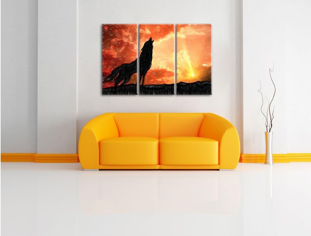 Pixxprint einsamer Wolf auf den Sonnenuntergang Heulen Kunst Buntstift Effekt 3-Teiler Leinwandbild