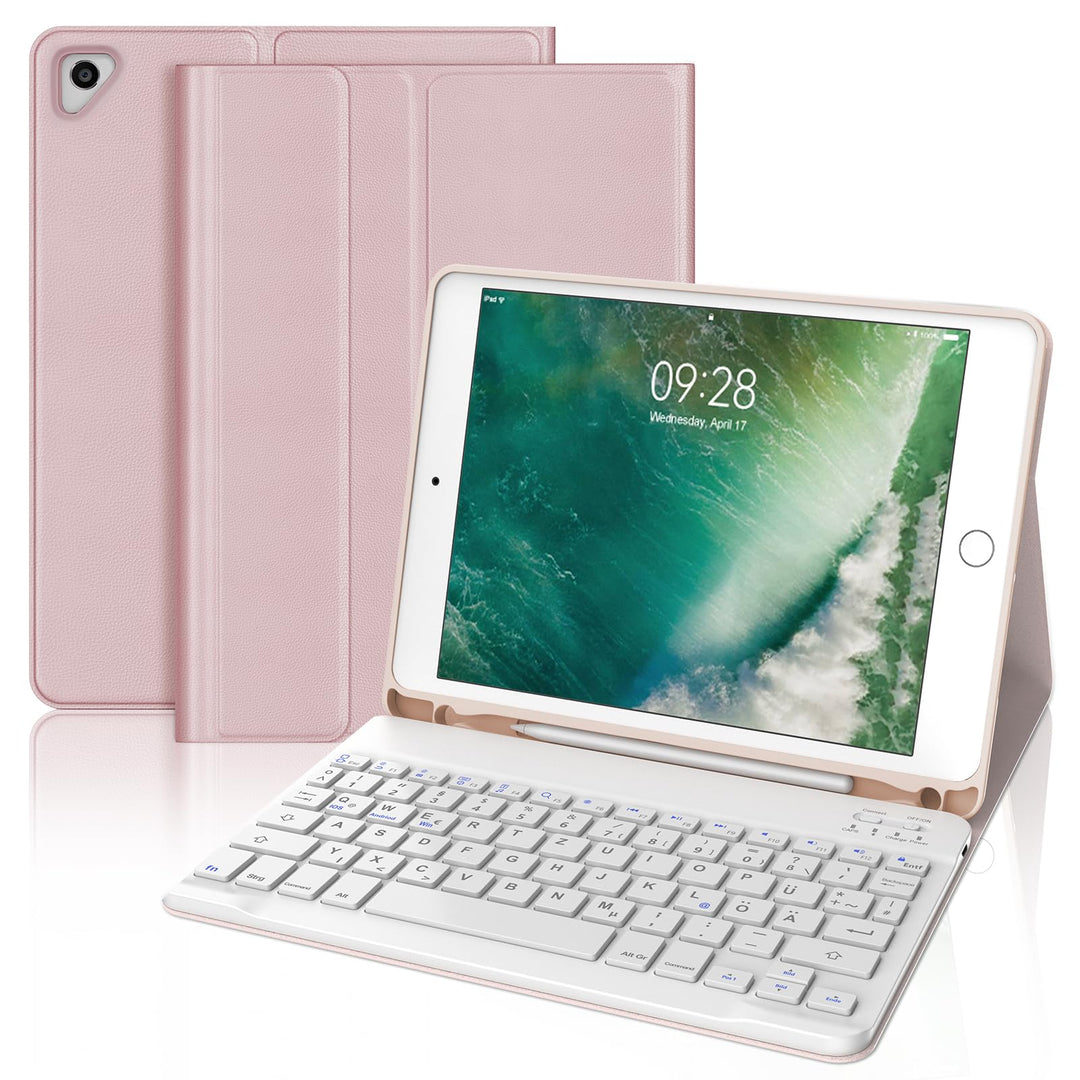 IVEOPPE Hülle mit Tastatur für iPad 6. Generation 9.7 Zoll, Magnetisch Abnehmbarer QWERTZ Bluetooth