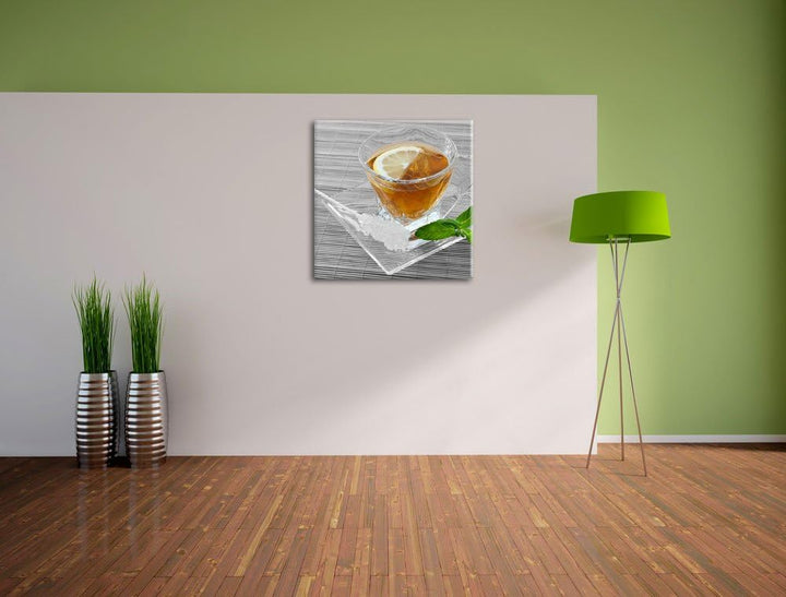 Pixxprint Tasse Tee mit Minze als Leinwandbild/Grösse: 70x70 cm/Wandbild/Kunstdruck/fertig bespannt,