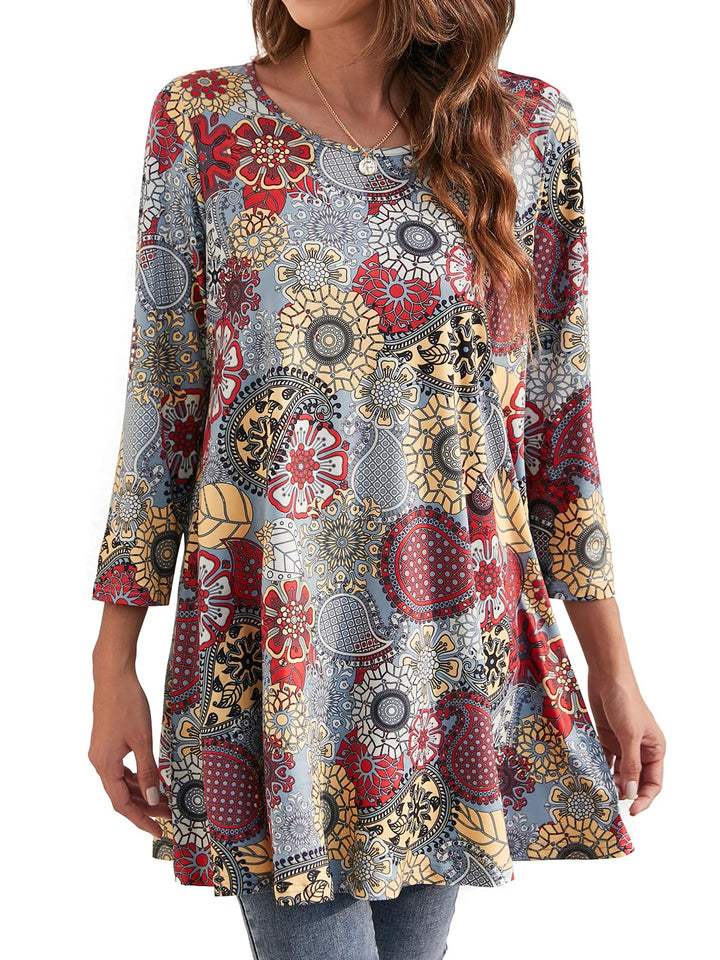 Enmain Damen Tunika Shirt Langarm/Kurzarm Bluse mit Blumen Longshirt Casual Elegante 3/4 Ärmel Rundh