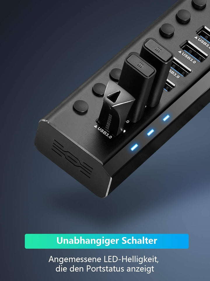 RSHTECH 16 Port USB Hub Aktiv 3.0 mit 100W Netzteil, Aluminium Multiport USB 3.0 Hub mit 12V/8.3A Ne