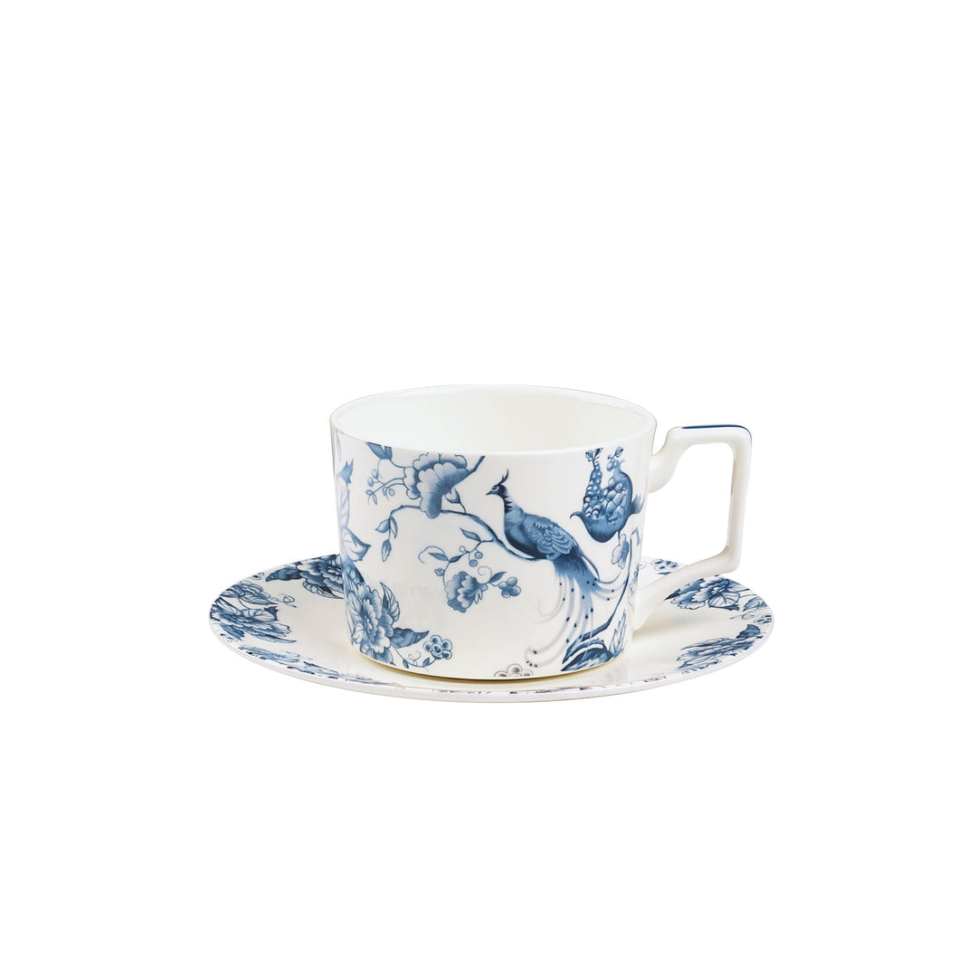 fanquare 250ml Bone China Teetasse und Untertasse Set für 1, Blaue und Weisse Kaffeetasse mit Teller
