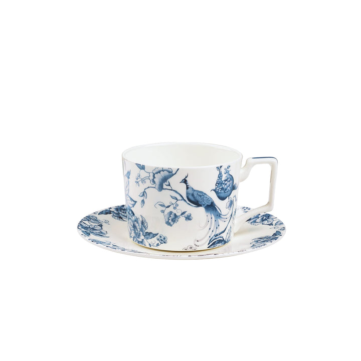fanquare 250ml Bone China Teetasse und Untertasse Set für 1, Blaue und Weisse Kaffeetasse mit Teller