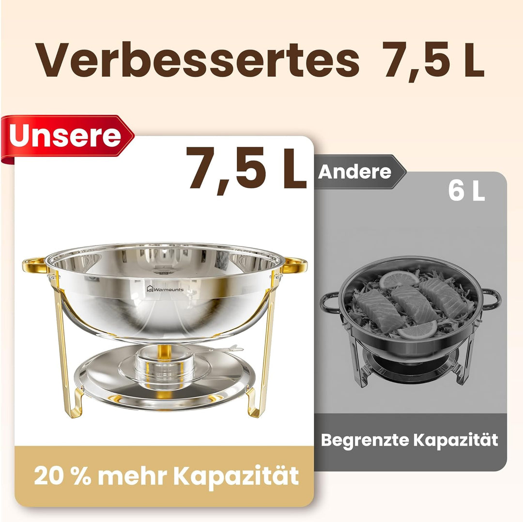 WARMOUNTS Chafing Dish 4er Set 7,5L, Speisenwärmer Buffet Rund Edelstahl mit Gold-Akzenten & Deckelh