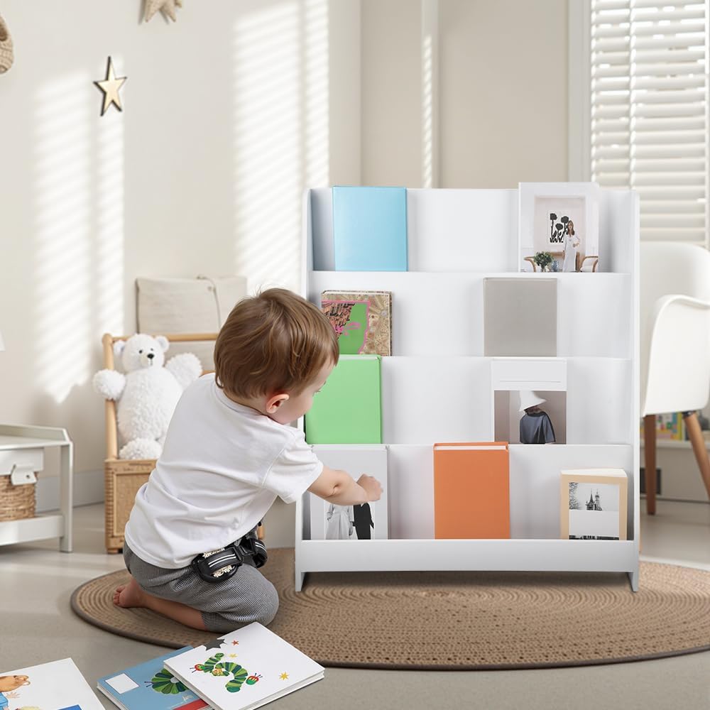 homewell Kinder Bücherregal aus Holz, 4 Fächer Bücherständer für Kinderzimmer, Bücherregal Aufbewahr