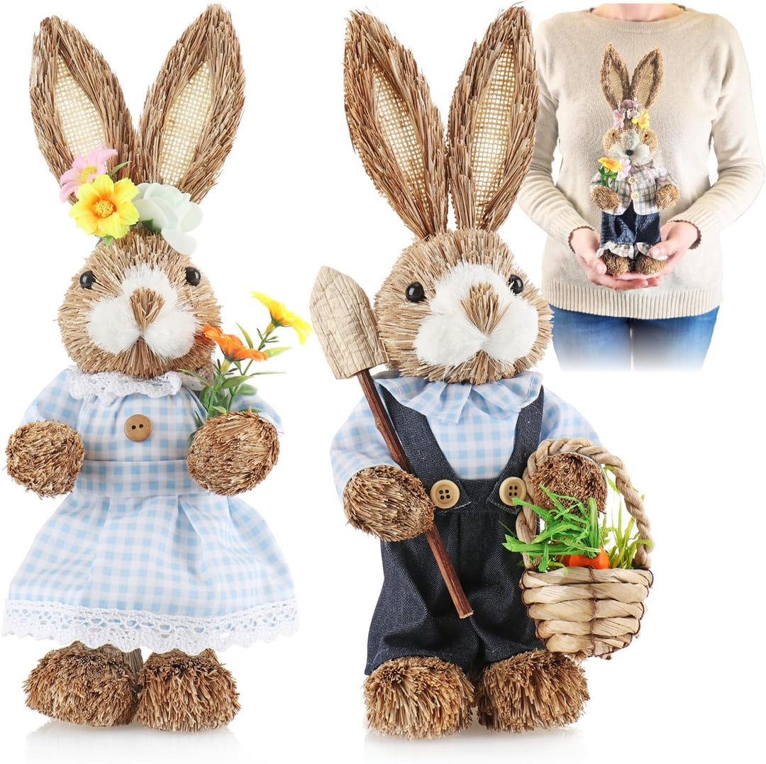 com-four® 2X Stroh Osterhase handgemacht - Deko-Osterhase zur Osterdekoration - Strohfiguren für Ost