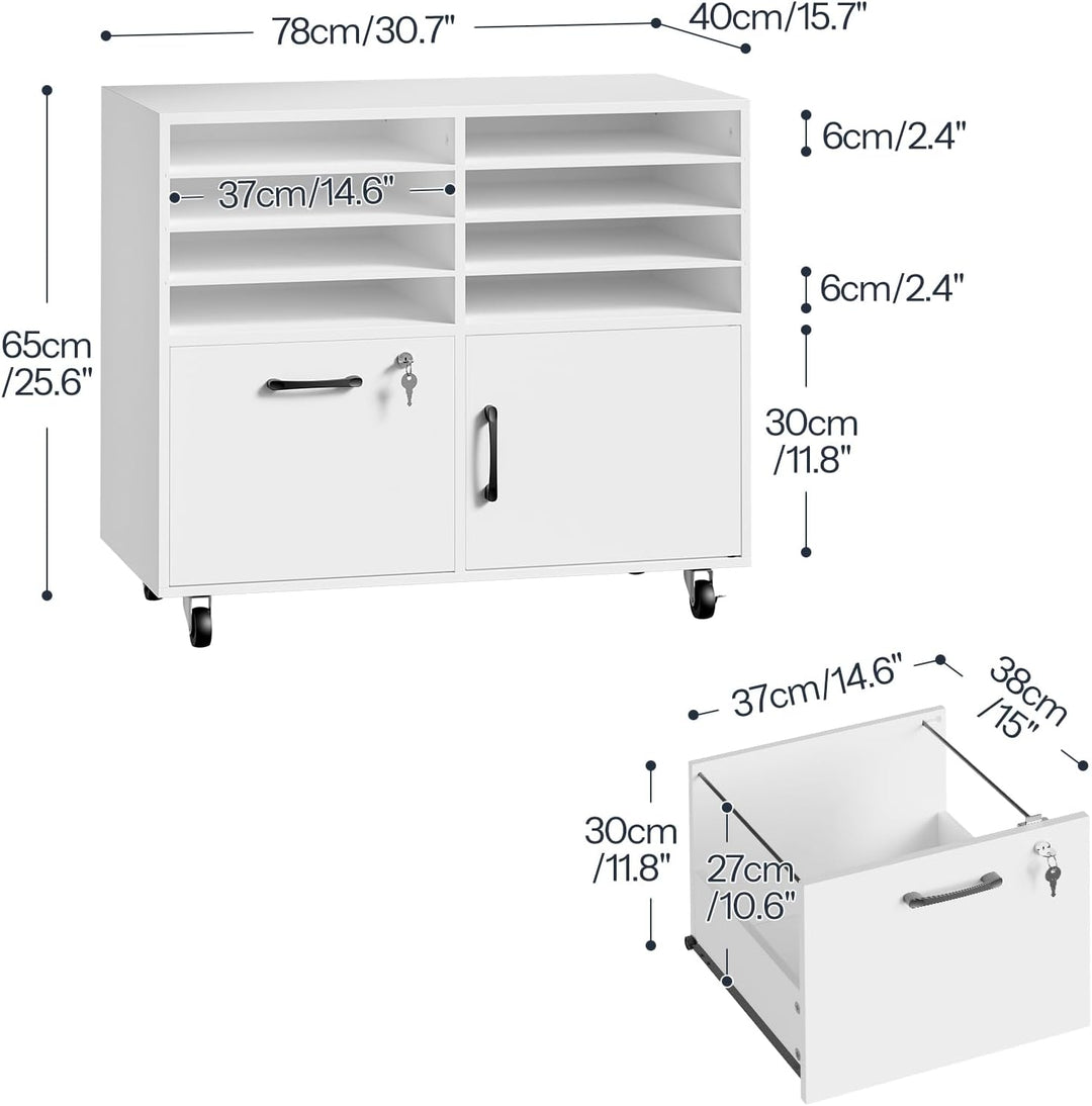 HOOBRO Rollcontainer mit abschliessbarer Schublade und 8 Fächern, mobiler Aktenschrank, Schubladensc
