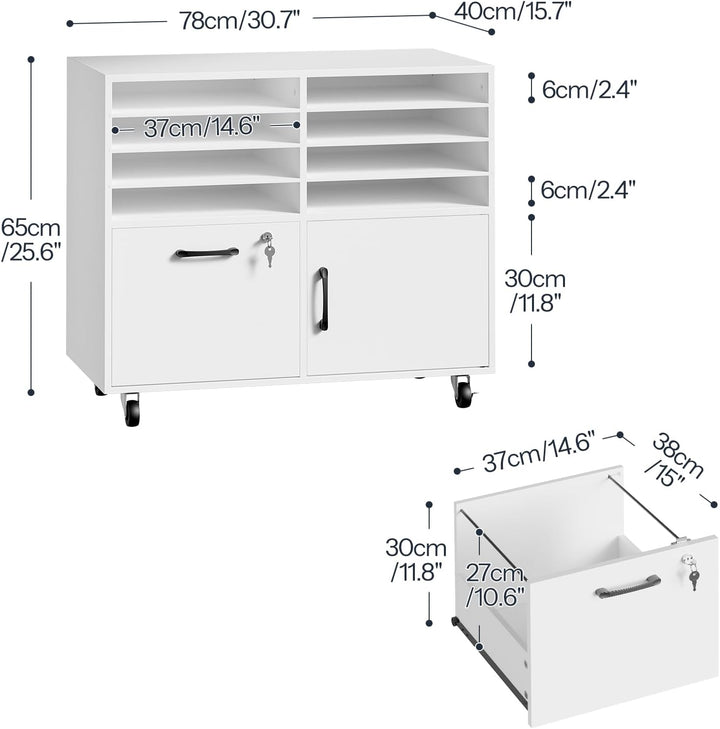 HOOBRO Rollcontainer mit abschliessbarer Schublade und 8 Fächern, mobiler Aktenschrank, Schubladensc
