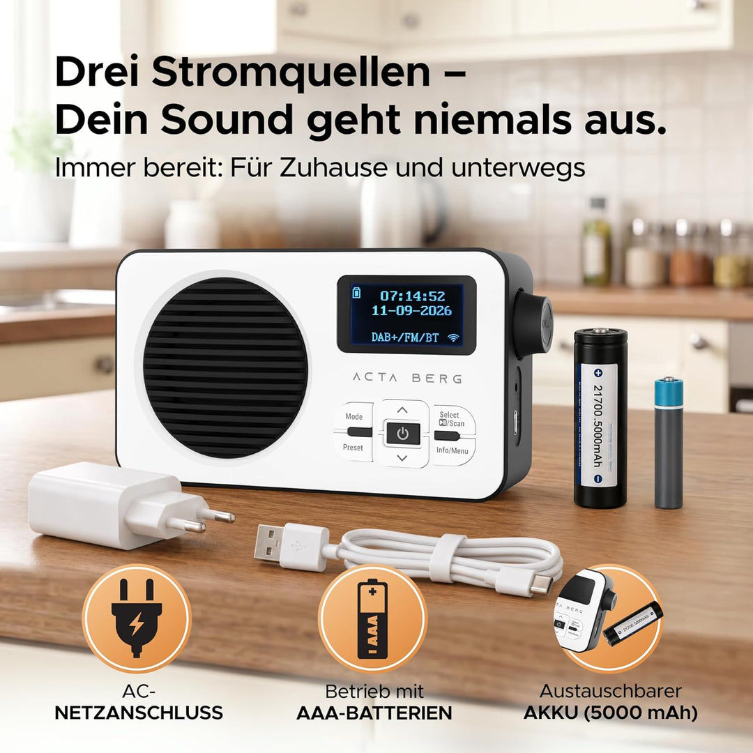 Acta Berg DAB Radio mit Akku 5000mAh austauschbar | Küchenradio mit BT 5.3 | DAB+/UKW-Radio | Digita
