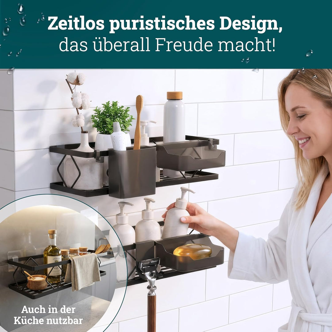 husman® Duschablage-Set ohne Bohren | Matt-Schwarz | 10-teilig mit Ablaufrillen | Kleben statt Bohre