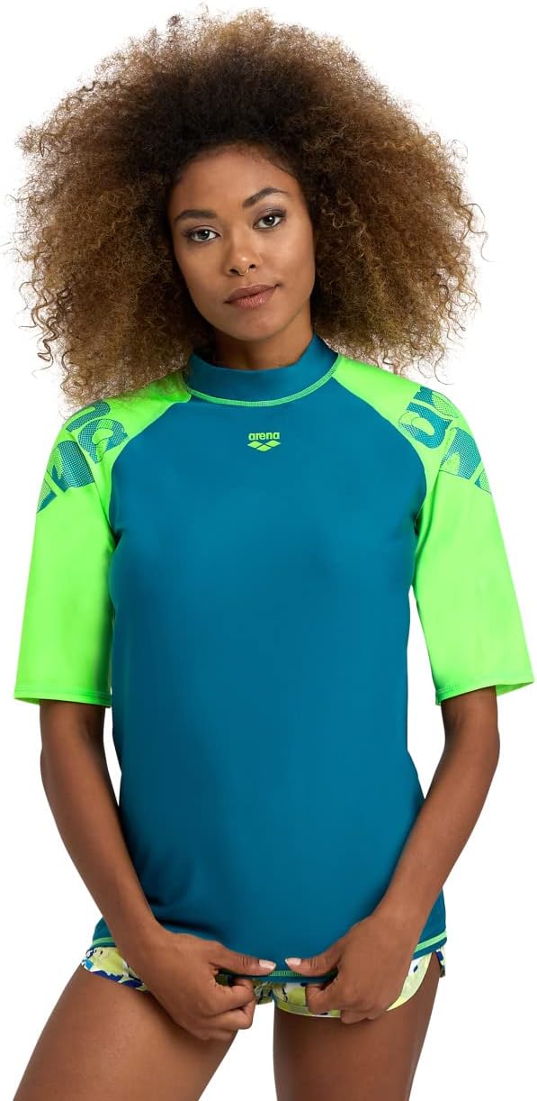 ARENA Damen Women's Vest S/S Graphic Rash Guard Shirt XS Deep Teal-soft Green, XS Deep Teal-soft Gre