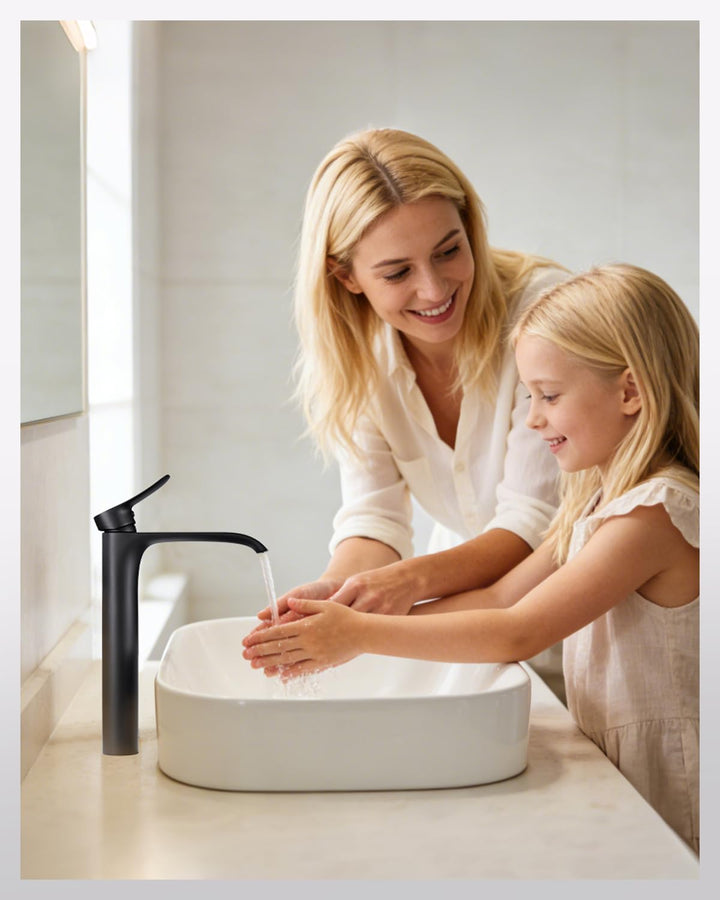 Wasserhahn Bad Schwarz Hoch - Badarmatur Wasserfall Waschtischarmatur Einhebelmischer Mischbatterie