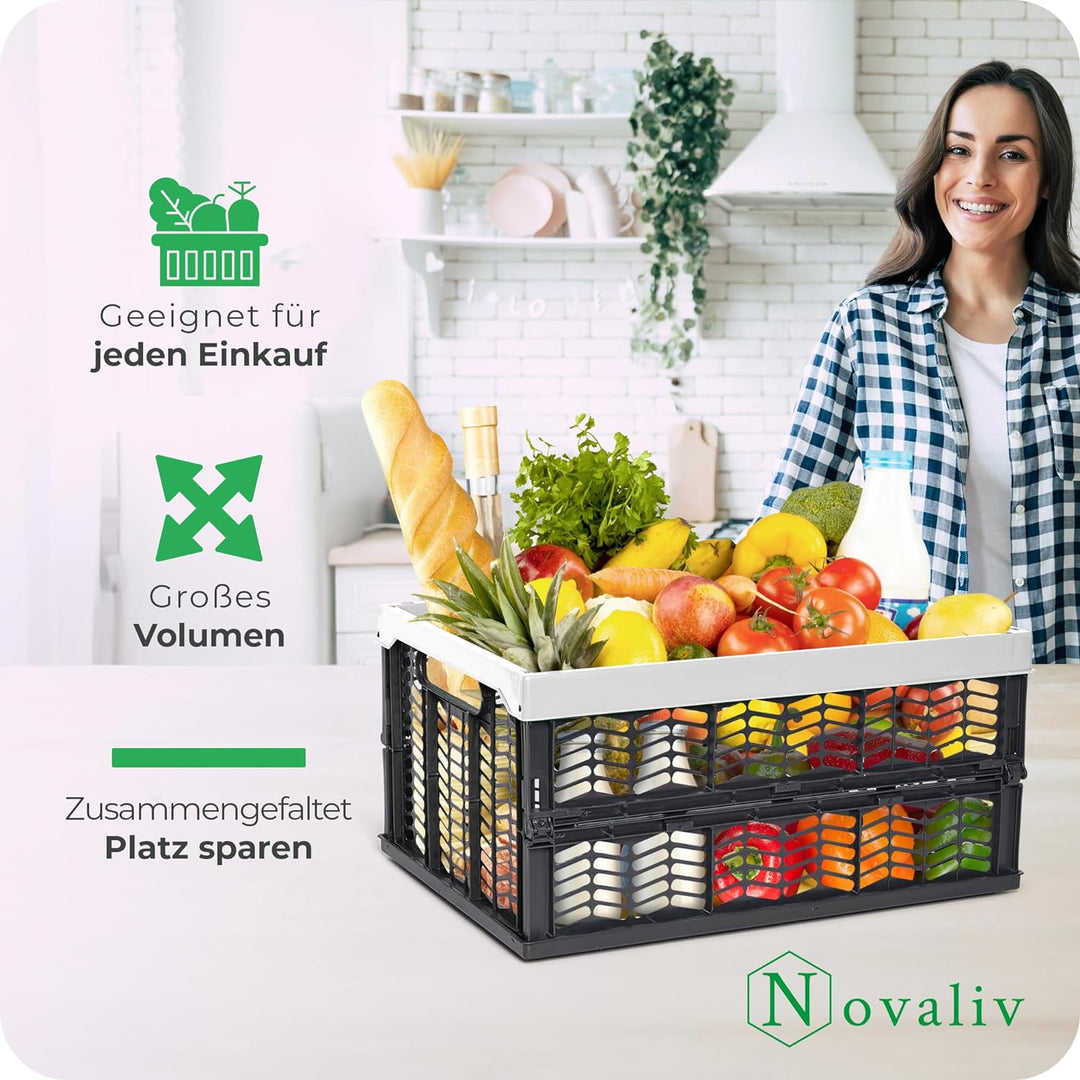 Novaliv Klappboxen faltbar stabil | 4x 30L Grau Schwarz baskets Einkaufskiste| Klappkisten Set Trage