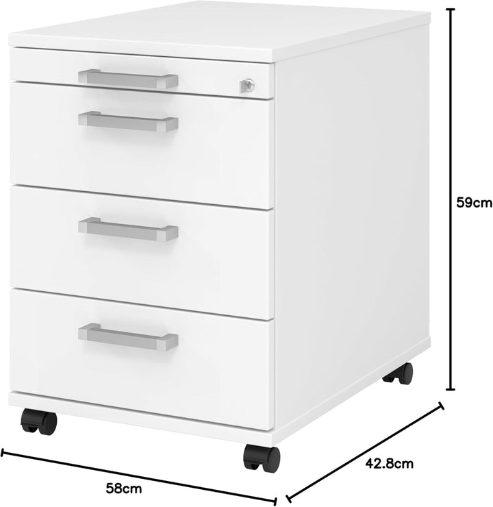bümö Rollcontainer mit Schubladen, Container abschliessbar aus Holz in Weiss - Rollwagen für's Büro