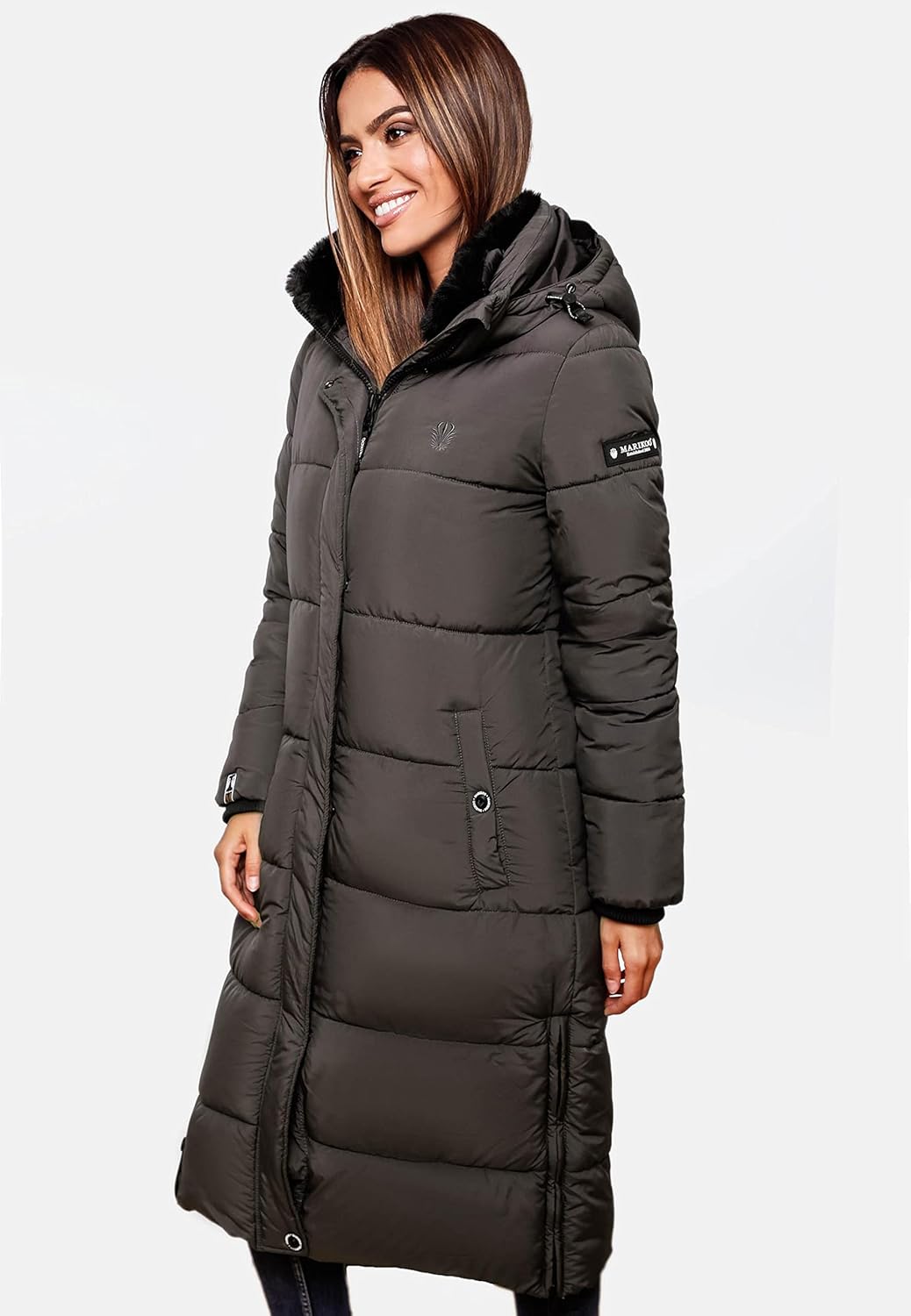 MARIKOO Damen Wintermantel Warmer Steppmantel lang mit Abnehmbarer Kapuze Reliziaa XS-3XL XXL Anthra