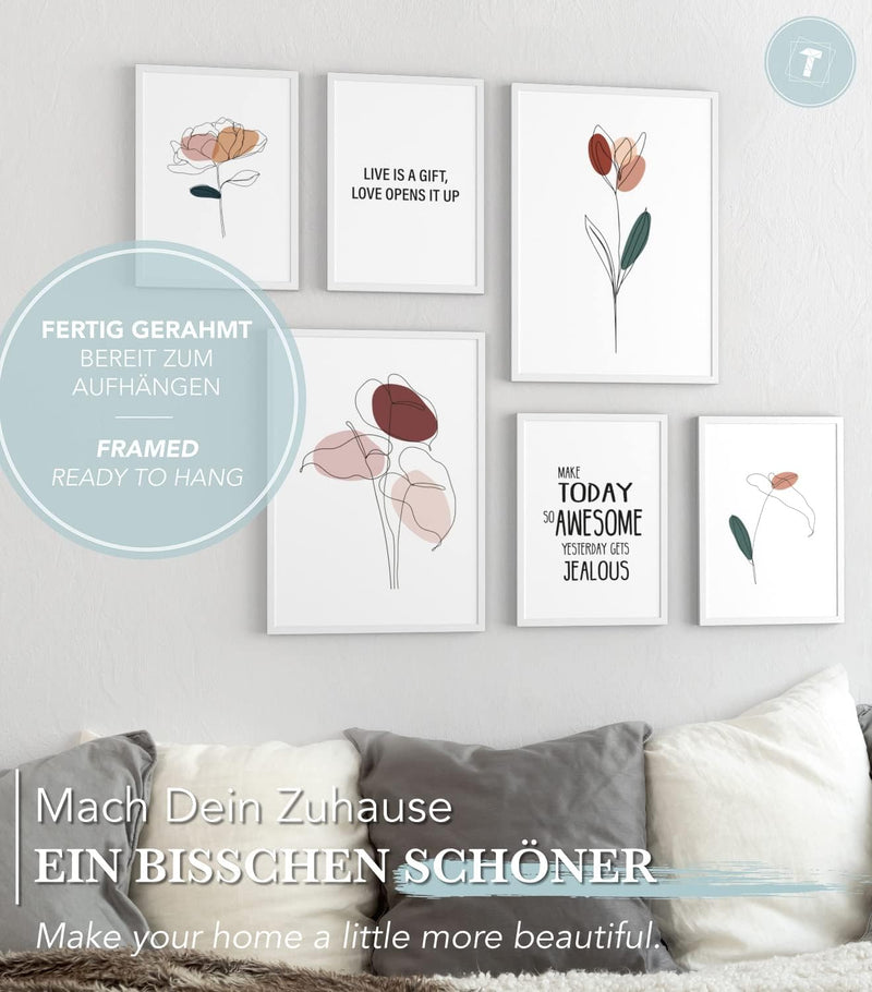 Papierschmiede® Mood Poster Set Blumen Abstrakt, Fertiges Bilder Set mit Rahmen (Holz, weiss), Wohnz