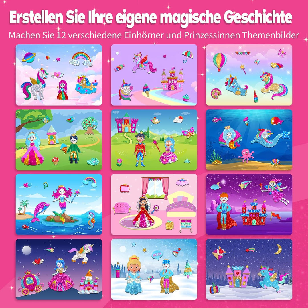 Sunrad Kunst & Bastelaktivität,Eeinhorn und Prinzessinnen Folienspass Bastelkoffer,Schmutzfreie Kuns
