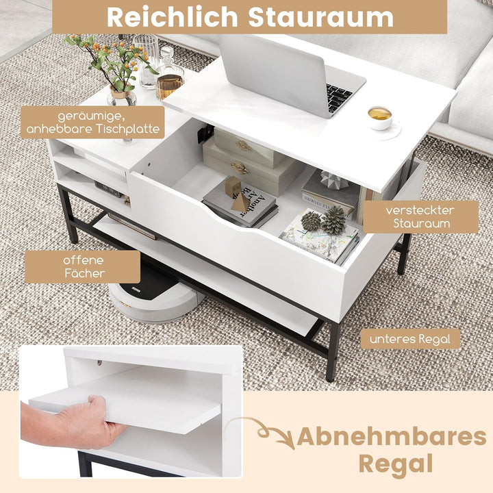 COSTWAY Couchtisch mit anhebbarer Platte, Kafeetisch höhenverstellbar, Wohnzimmertisch mit versteckt