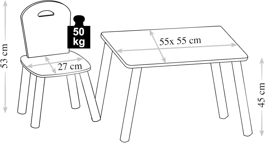 Kesper | Kindertisch mit 2 Stühlen, Material: Faserplatte, Masse: Tisch: 55 x 55 x 45 cm, Stuhl: 27