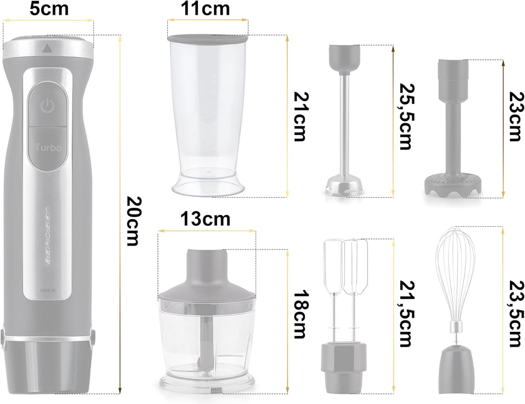 Berdsen Stabmixer Handmixer Pürierstab 1500W Multifunktional Mit Zubehör Turbo Funktion 800 ml Stahl