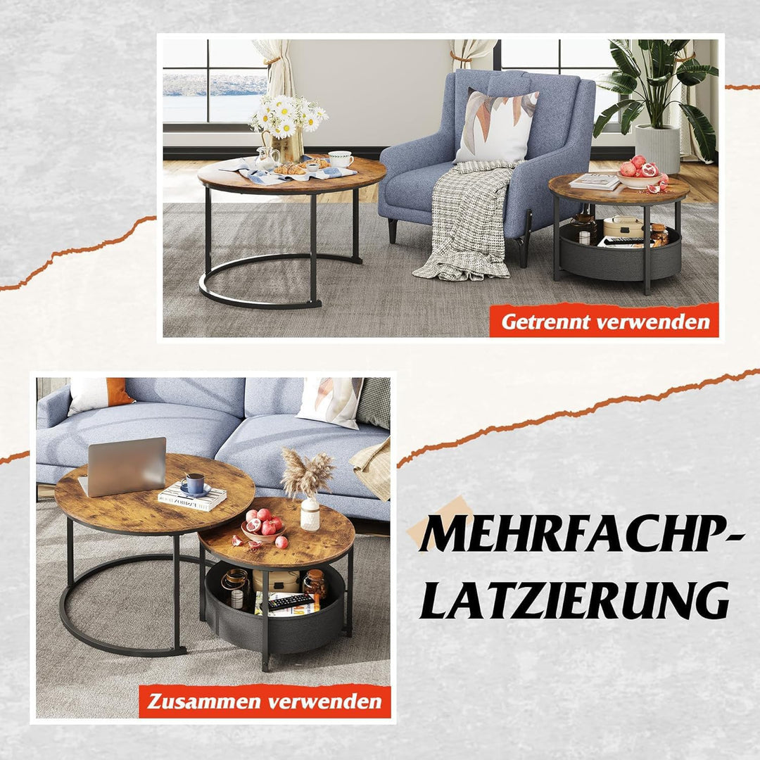 WLIVE Couchtisch 2er Set, 80 Durchmesser Gross Wohnzimmertisch, 60 Durchmesser Beistelltisch Rund mi