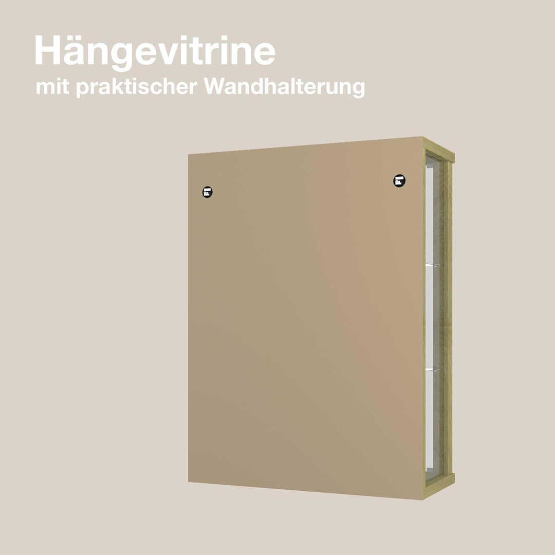 K-Möbel Hängevitrine Glas in Sonoma Eiche (80x60x25 cm) mit 2 höhenverstellbaren Glasböden - Modella