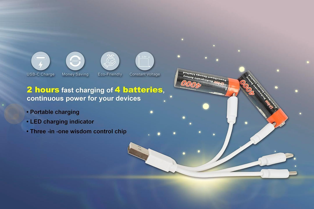 PowerSmart® 4 Stück AA Akkubatterien Typ-C Anschluss 4000mAh 1.5V Akku AA Li-ion wiederaufladbare Ba