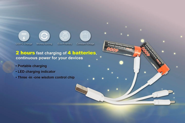 PowerSmart® 4 Stück AA Akkubatterien Typ-C Anschluss 4000mAh 1.5V Akku AA Li-ion wiederaufladbare Ba
