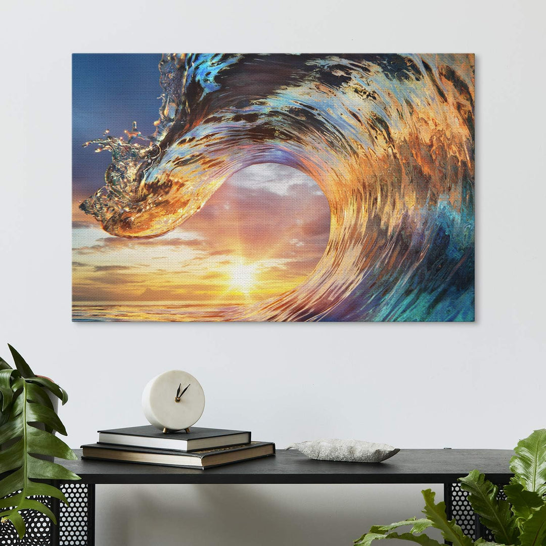 PICANOVA – Bild auf Leinwand Wellen-Sonnenuntergang 60x40cm – Leinwandbild – Premium Leinwanddruck –