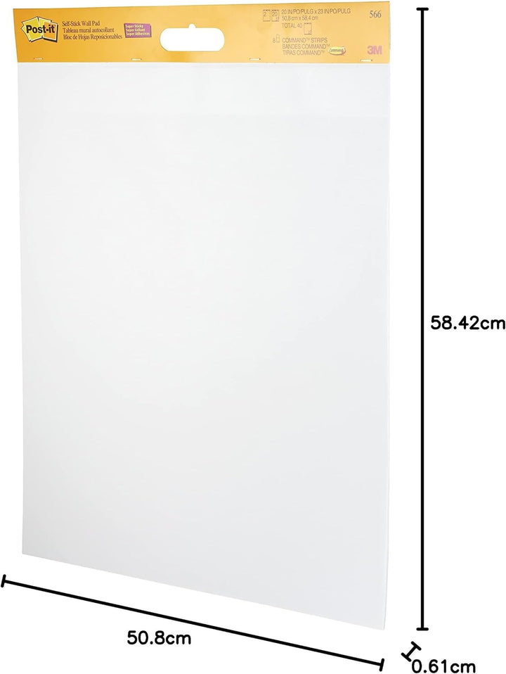 Post-it Super Sticky Meeting Chart Wall Pad, Weiss, unliniert, 2 Blöcke, 584 mm x 508 mm + 8 Command