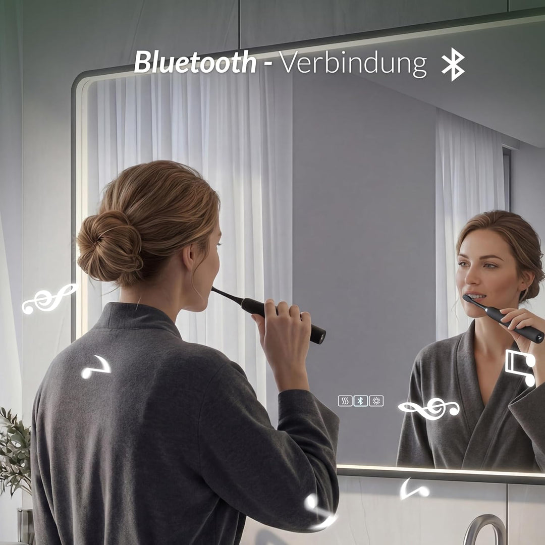 LED Badspiegel mit Aluminiumrahmen &amp; Bluetooth, HD Silber-Spiegel | 3 Lichtfarben Dimmbar Wandspiege