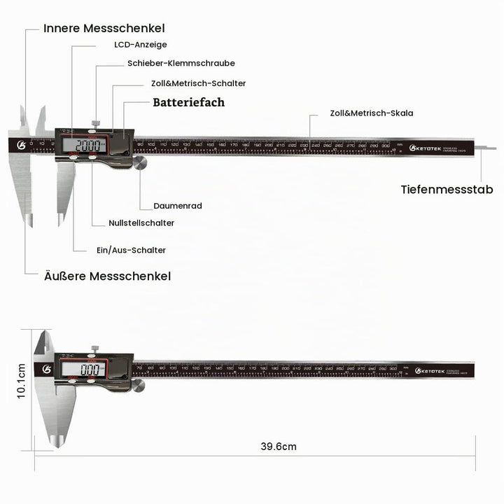 KETOTEK Digitale Messschieber, 300mm Schieblehre aus Edelstahl IP54 Spritzwasserdicht, Mikrometer LC