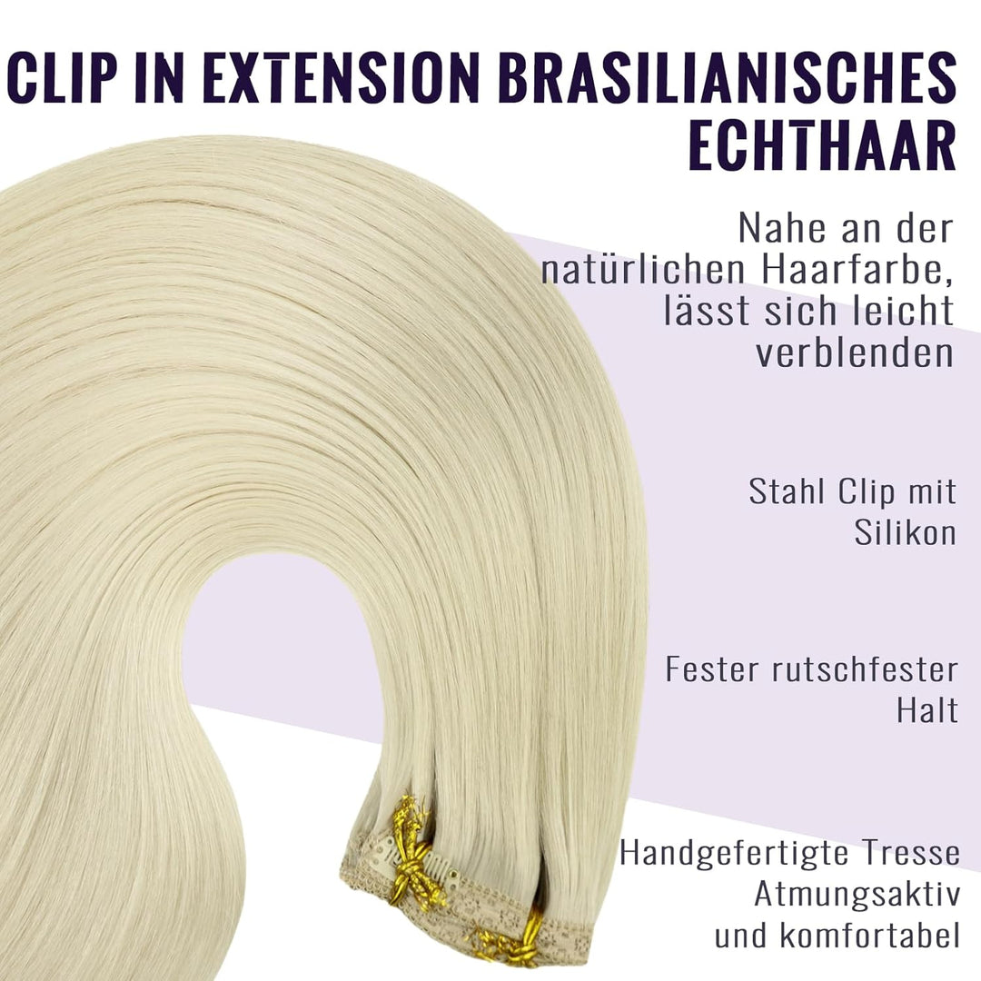Fshine Echthaar Extensions Clip Weisse Blondine 40cm/16zoll Remy Haarverlängerung Echthaar Clip 120g