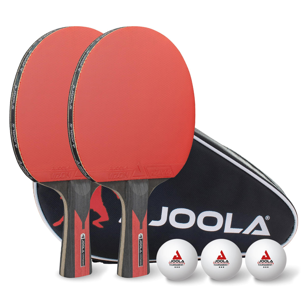 JOOLA Tischtennis Set Duo Carbon 2 Tischtennisschläger + 3 Tischtennisbälle + Tischtennishülle, rot/