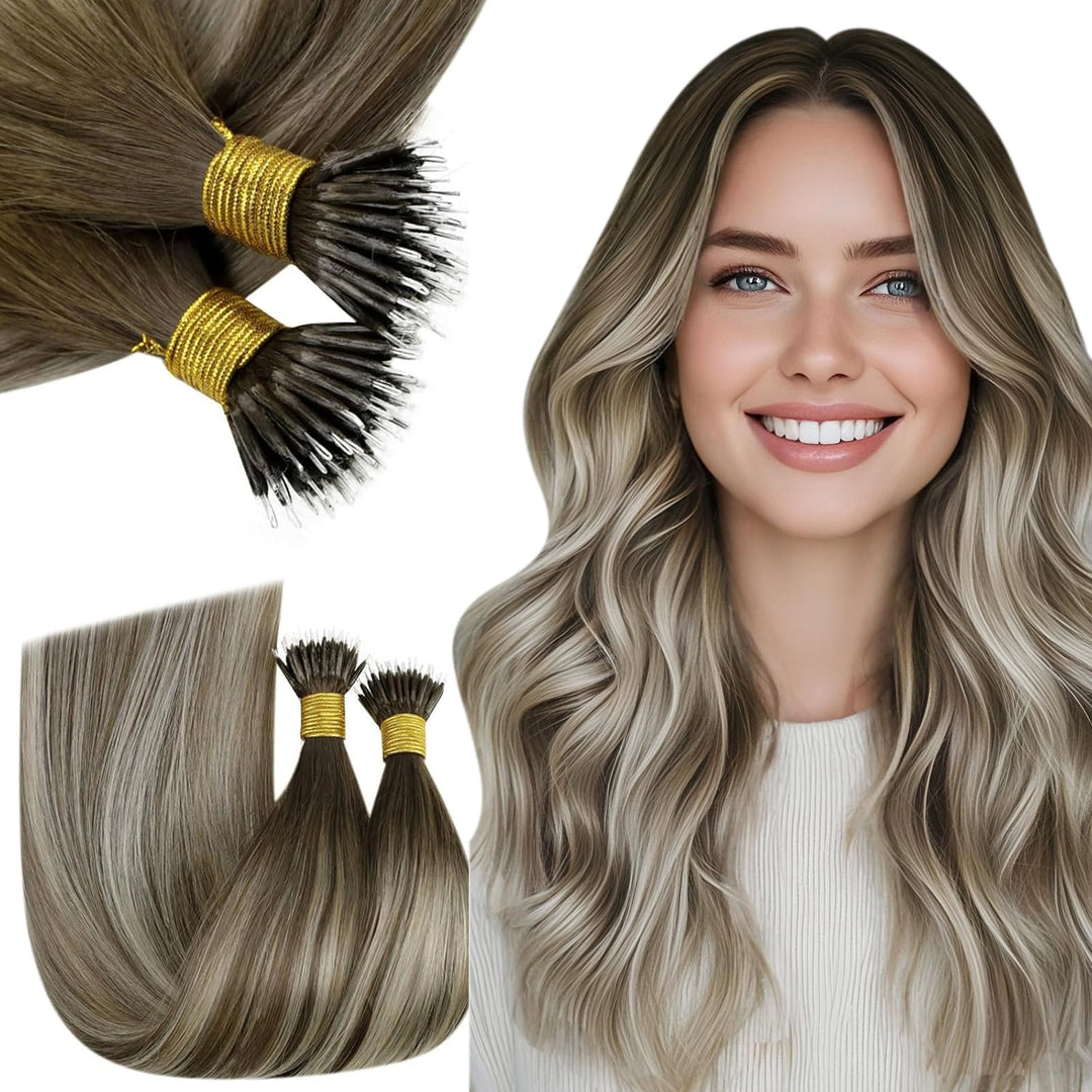 RUNATURE Nano Extensions Echthaar Balayage Braun Blond Kurz 30cm 40g 50s Remy Nanoring Extensinos Ec
