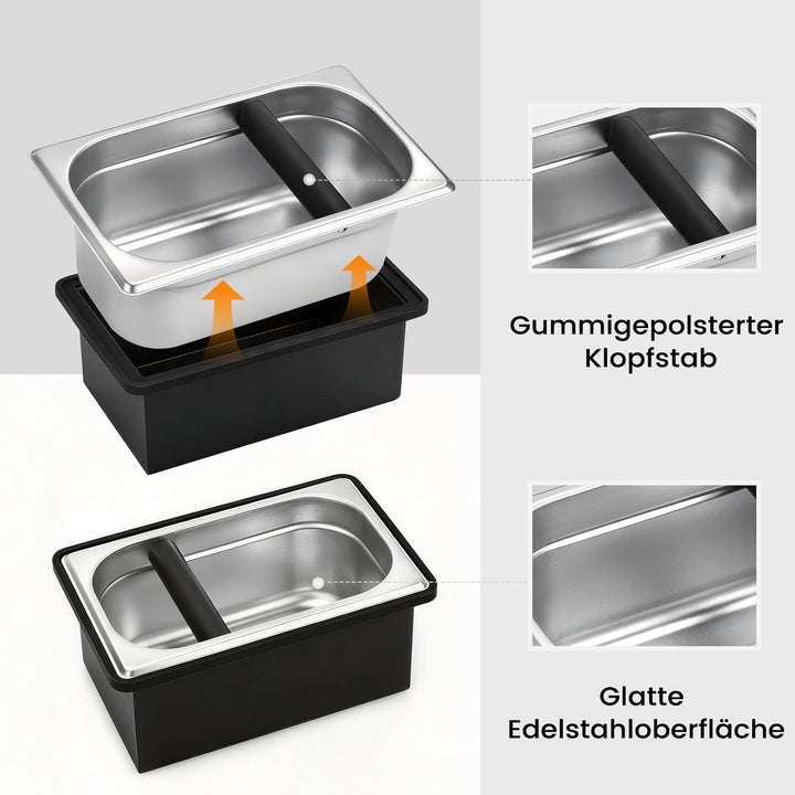 Espresso-Klopfbox, Abklopfbehälter aus Edelstahl, grosse Kaffeeklopfbox mit stossdämpfenden Gummi- u
