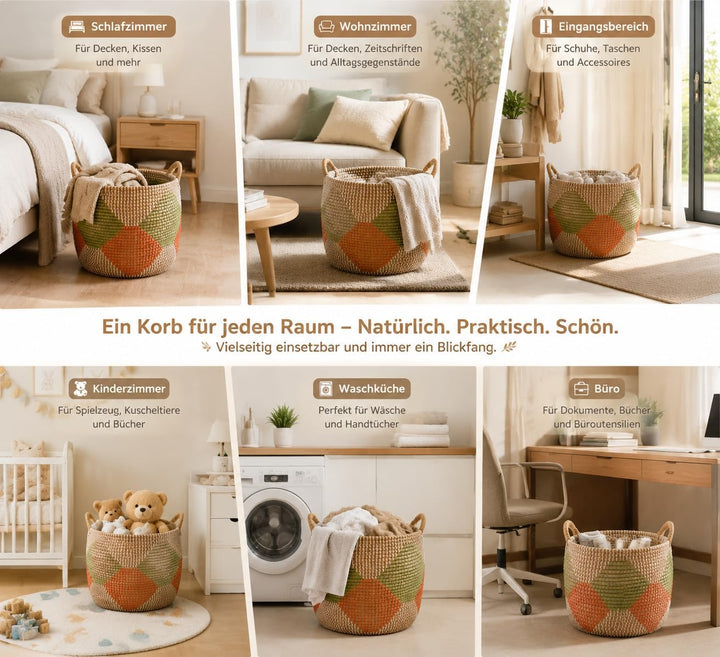 Wäschekorb Geflochten mit Henkeln,3 Set Verschiedene Grössen 56L+28L+15L,Korb ohne Deckel,Handgefert
