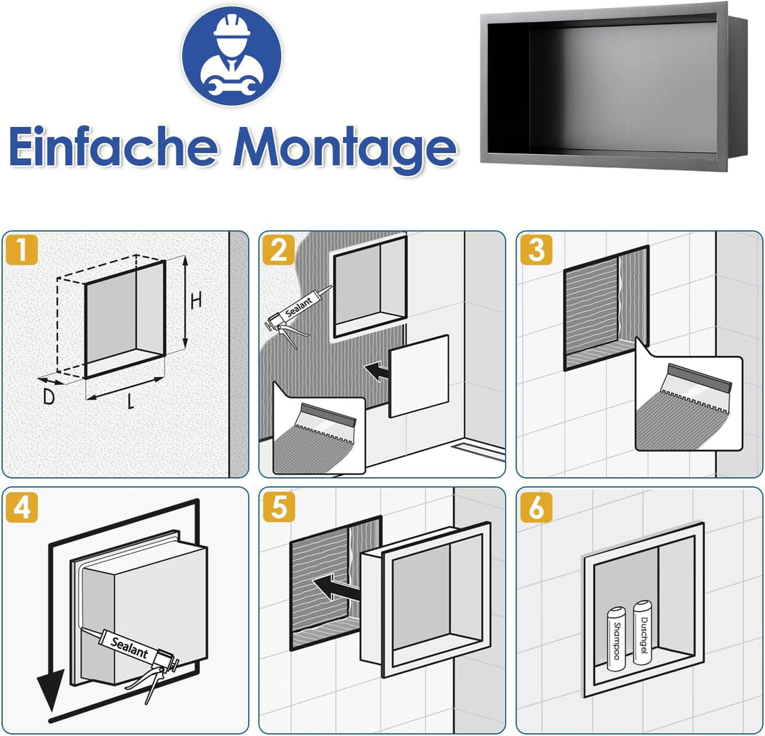 ROVOGO 40 x 20 x 10 cm Nano Schwarz Wandnische Dusche Edelstahl, Eingebettete Duschnische Einzelrega