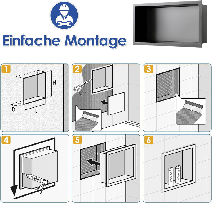 ROVOGO 40 x 20 x 10 cm Nano Schwarz Wandnische Dusche Edelstahl, Eingebettete Duschnische Einzelrega
