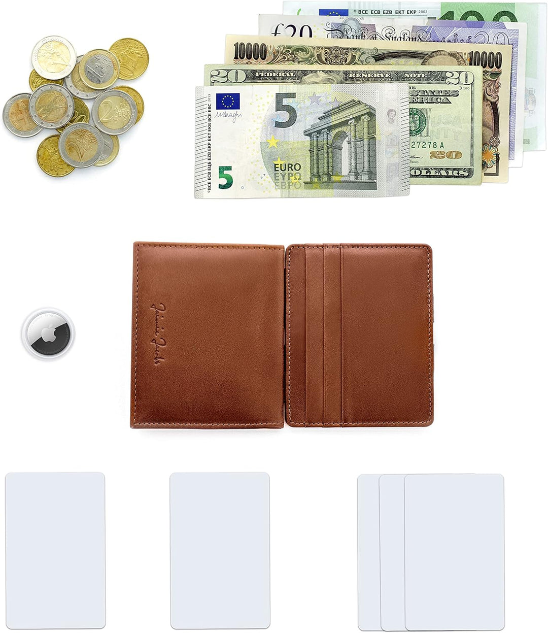 Jaimie Jacobs Flap Boy AirTag Edition Magic Wallet mit Münzfach Echtleder (Dunkelbraun mit Rot), Dun