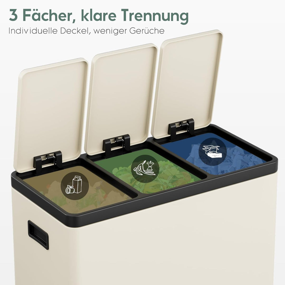 Clevich Mülltrennsystem 3×15L aus Stahl, Mülleimer 3 Fächer mit farbcodierten Pedalen, Abfalleimer m