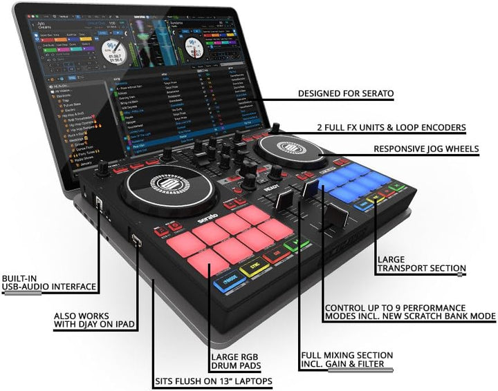Reloop Ready - Kompakter 2-Deck-DJ-Controller für Serato DJ Lite (inklusive) & DJ Pro,16 grosse RGB-