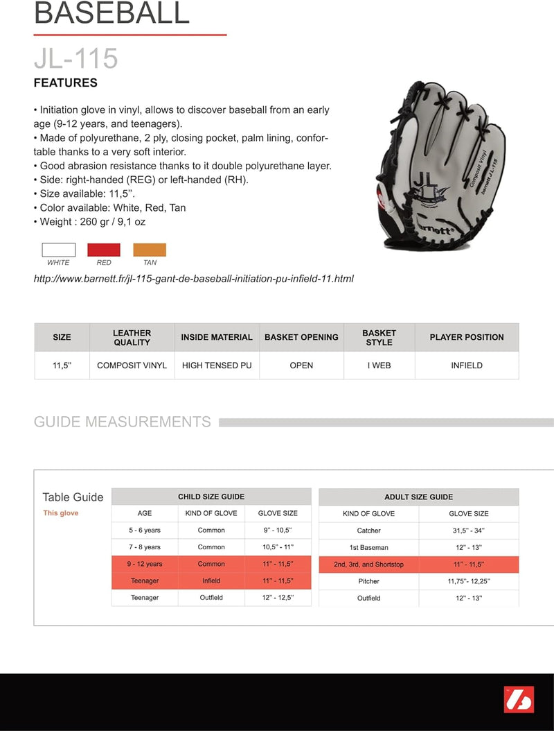 BARNETT JL-115 - Baseballhandschuhe, ausgefüllt. (REG) Braun, Braun