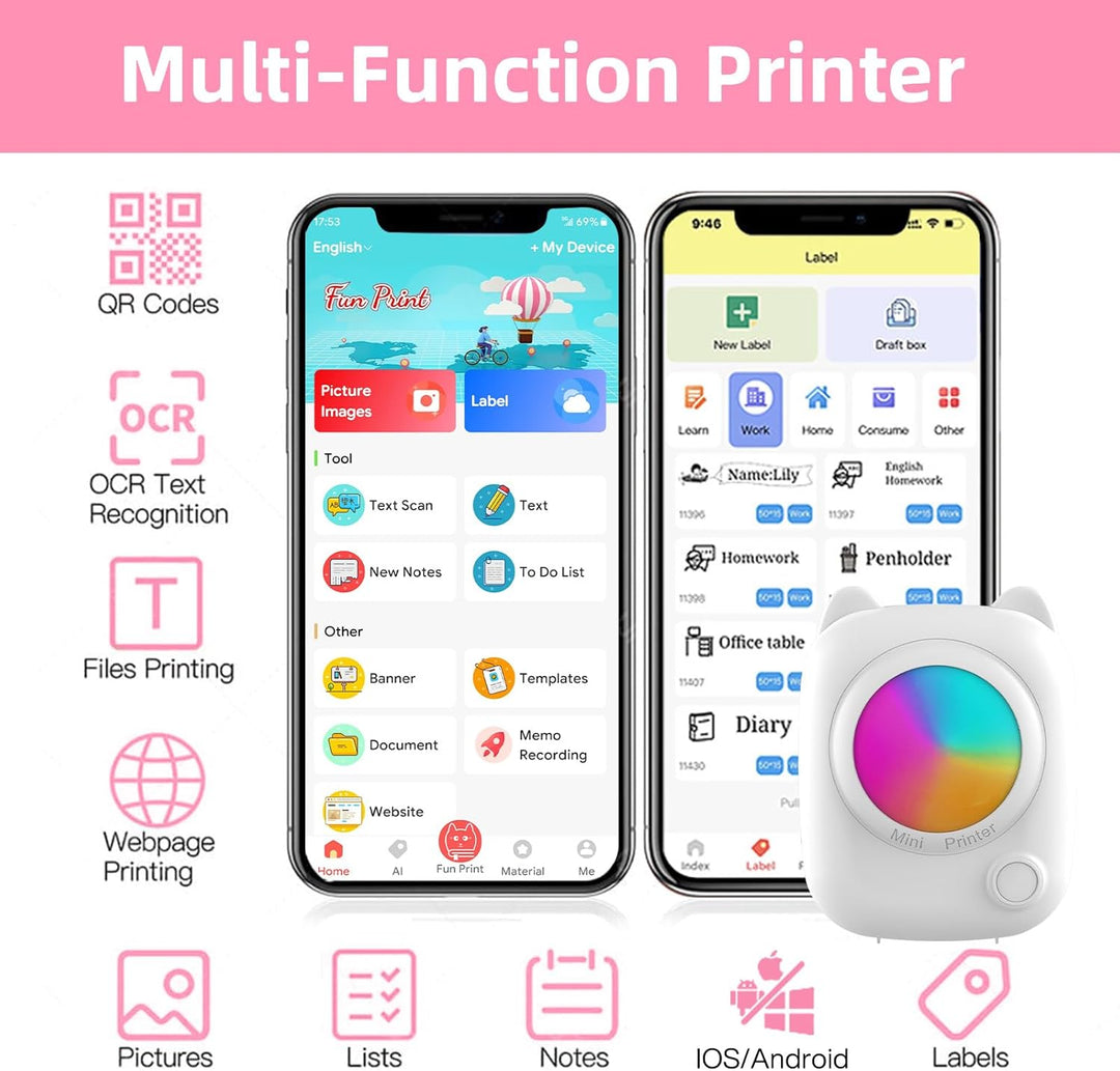 ZZXLOPEZ Mini Drucker, Tragbarer Mini Fotodrucker Thermodrucker Smartphone Taschendrucker, Wireless
